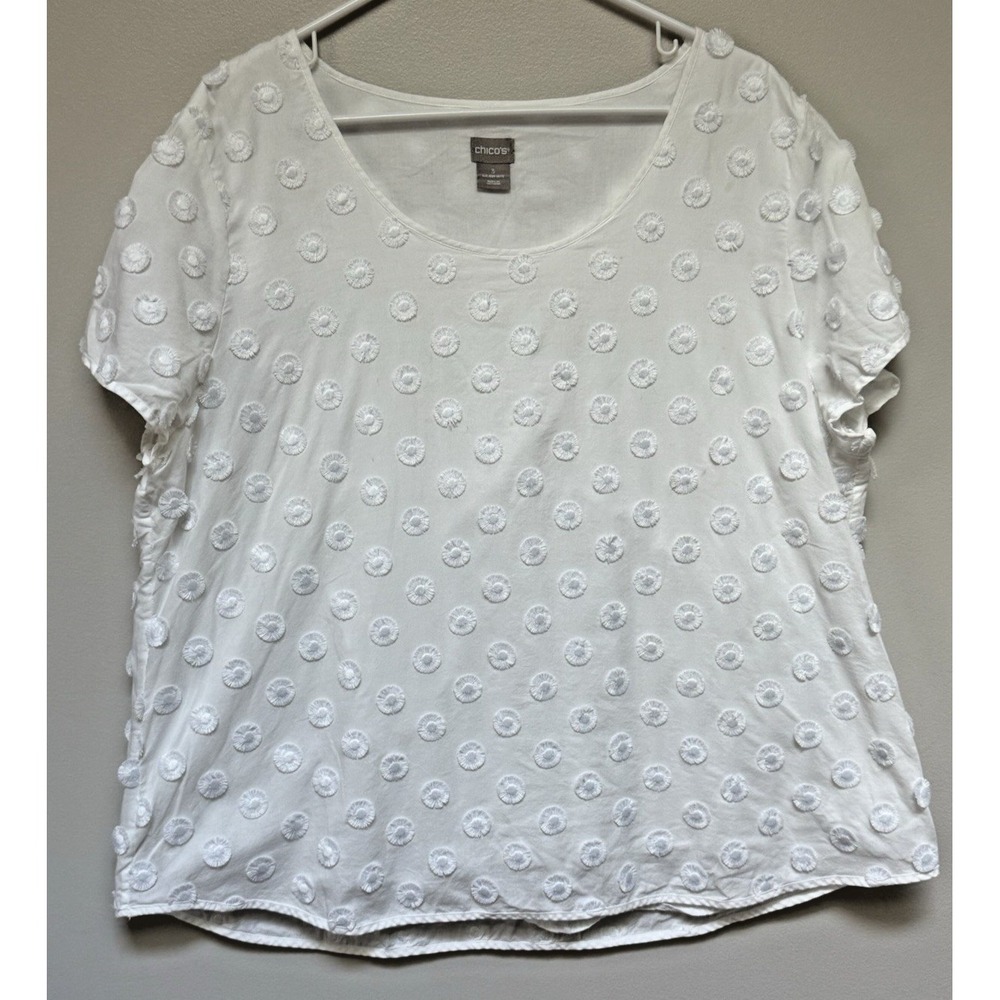 CHICOS Womens White Cut Dot Lined T Shirt V Neck Short Sleeve Size 3/XL Capsule